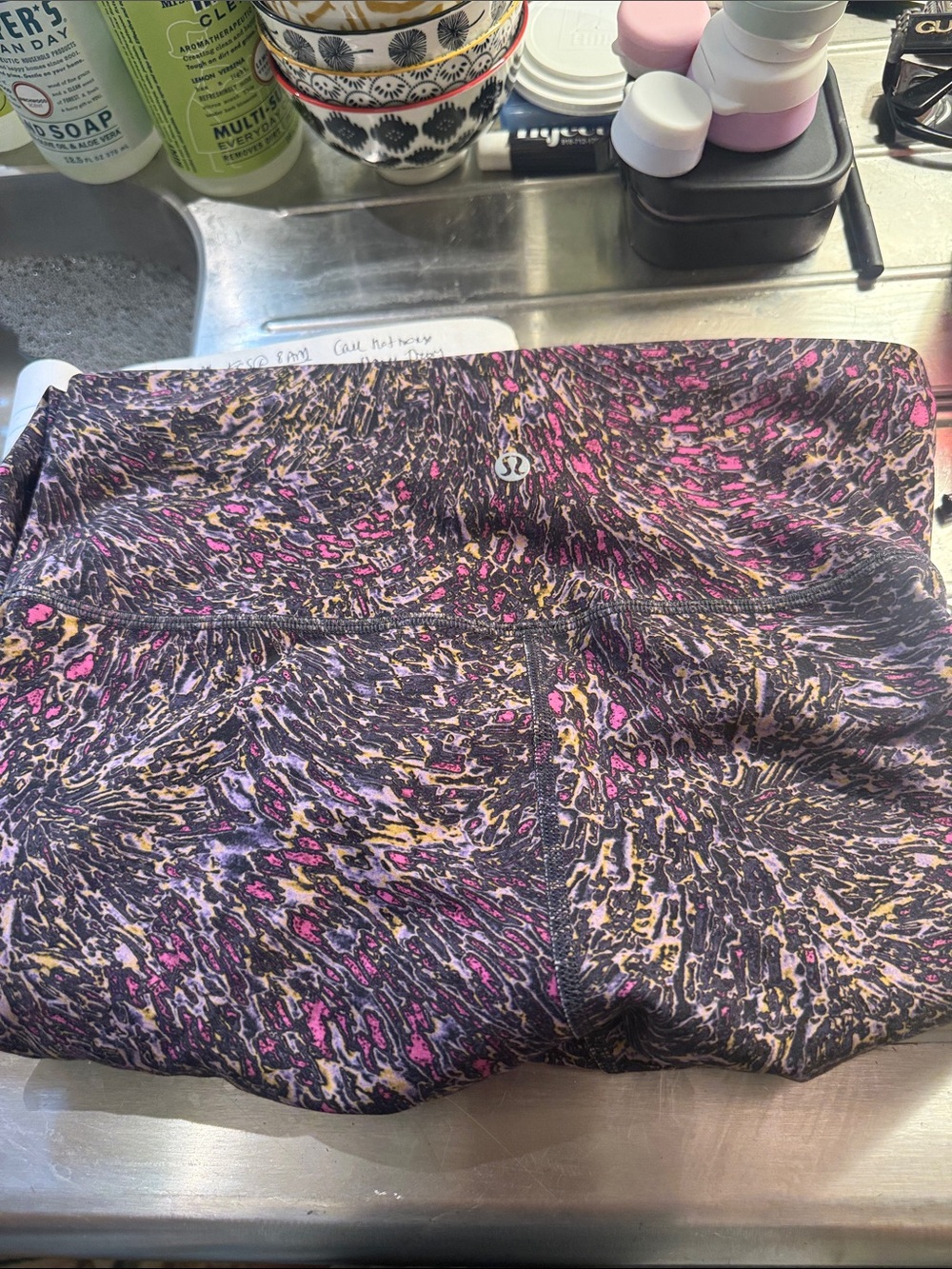 lululemon athletica Black Leggings with Pink & Yellow Abstract Print